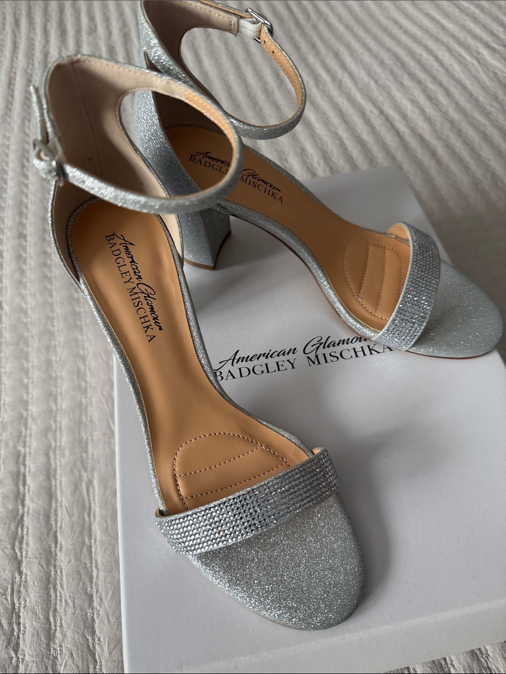 Badgley Mischka Silver Ankle-Strap Heels 7.5 NWT Gorgeous